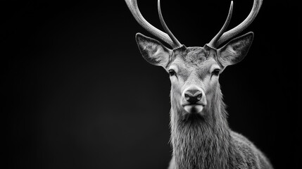 Striking black and white portrait of a deer with antlers against dark background.