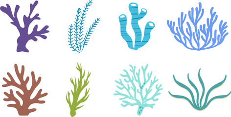 Vibrant Marine Flora Collection Stylized Coral and Seaweed Illustrations in Bold Colors for Oceanic Design and Underwater Themes
