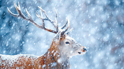 Majestic winter deer stands in heavy snowfall with snow-covered antlers against frosty background.