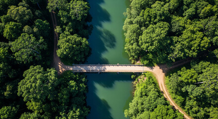 Top-down drone image of a narrow bridge road crossing a calm river surrounded by dense tropical forest and deep green water tones