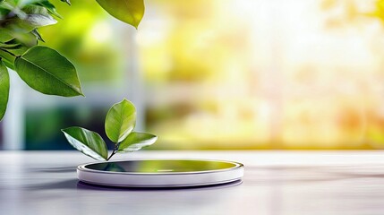 A small plant with vibrant green leaves grows from a circular platform, set against a soft, sunlit, and blurred natural backdrop.