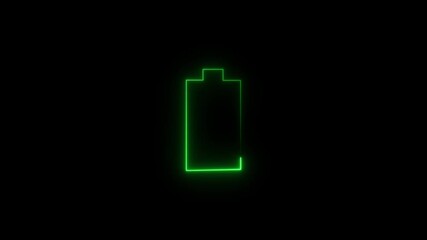 Neon glowing battery outline icon on a dark black background, symbolizing low power, energy level, or charging status in modern digital interfaces. - Powered by Adobe