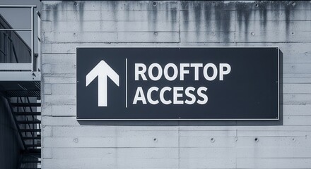 Rooftop Access Sign Directs The Way, Concrete Wall Background, Upward Arrow