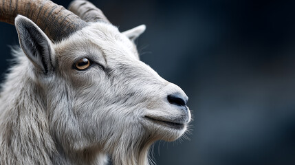 Portrait of a goat with horns and soft fur against dark blurred background.