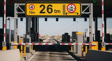 Road Infrastructure: Toll Plaza with Restriction Signs against Bright Background