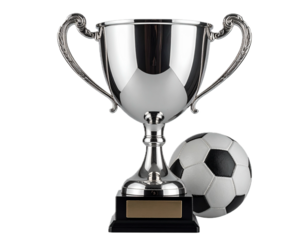 Elegant silver trophy cup with ball isolated PNG, vintage style award for sports or achievement on transparent background