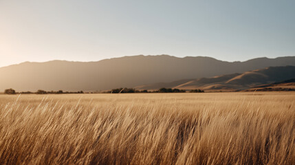 Golden field of tall grass glows in warm sunset light with soft rolling hills and distant mountains.