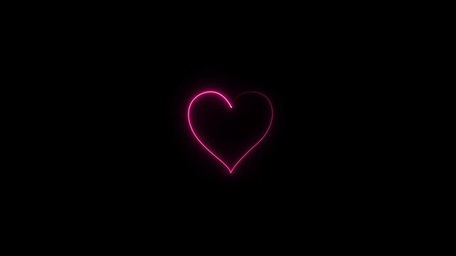 A vibrant neon heart shape glowing brightly on a completely black background, representing love, romance, cardiology, or vibrant emotions in an eye-catching visual effect.