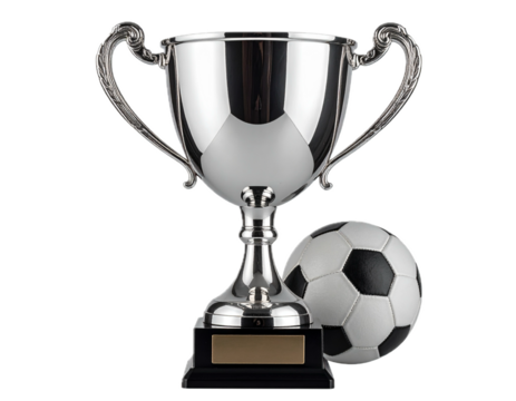 Elegant silver trophy cup with ball isolated PNG, vintage style award for sports or achievement on transparent background