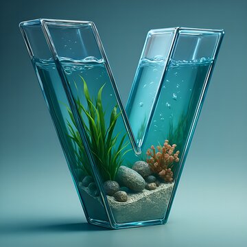 Creative Glass Letter V Aquarium with Aquatic Plants and Decorations