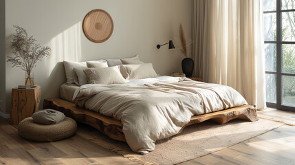 Bohemian Style Bedroom Interior with Soft Linen Bedding