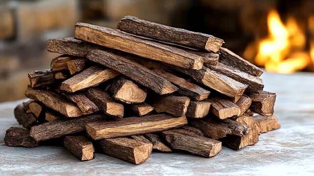 Stacked firewood logs glow beside crackling fire