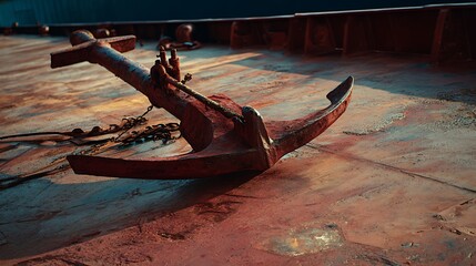 Closeup of a rusty anchor on the deck of a ship, showcasing the wear and tear of maritime life with its weathered texture and aged appearance in warm tones