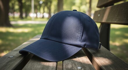 Plain Navy Blue Baseball Cap Resting on Wooden Park Bench in Sunny Outdoor Setting