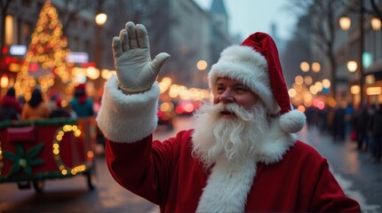 Jolly Santa Claus waving cheerfully on a festive street decorated with glowing Christmas lights and a large Christmas tree.