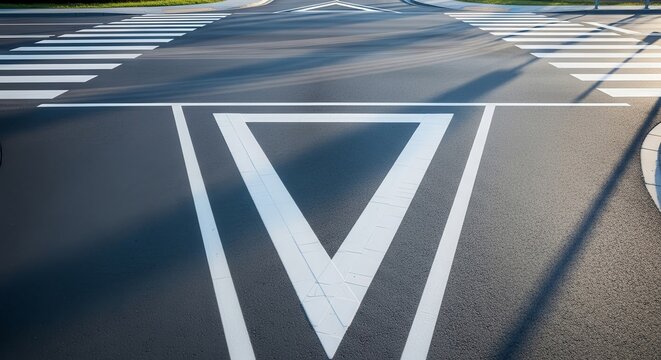Road Marking Intersection With Painted Yield Sign And Pedestrian Crossings