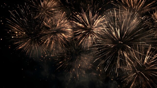 Multiple golden fireworks exploding in the dark night sky
