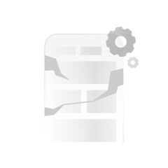 illustration of a cracked smartphone screen while loading with gears. app or website failure, system error, technical issue, or mobile device malfunction