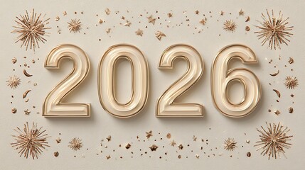 3D White-Cream 2026 Numbers with Gold Outlines and Metallic Stars on Light Beige Background