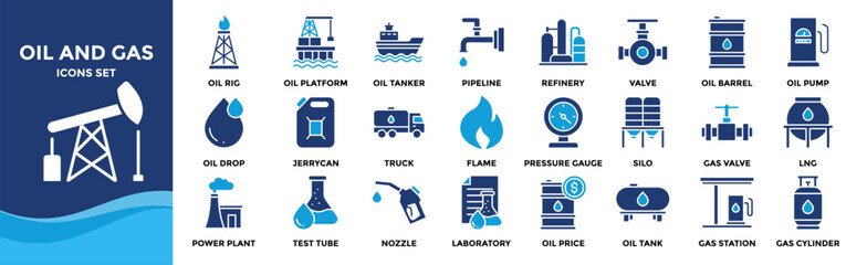 Oil and Gas icon collection set. Containing design Oil Well, Oil Rig, Oil Platform, Oil Tanker, Pipeline	