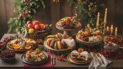 Naklejka premium Festive holiday table setting with gourmet appetizers featuring fresh fruits cheeses and desserts perfect for a Christmas celebratio