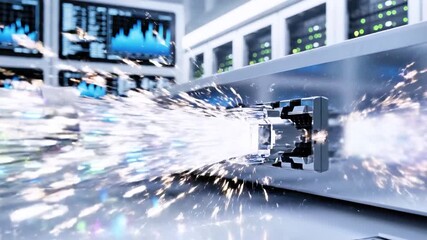 Close up of a data center cable with colorful light beams, monitors, and servers - Powered by Adobe