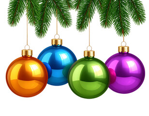  Christmas Balls with Fir Branch Decor — Festive Ornament Set Isolated PNG