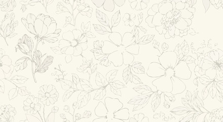 Floral Outline Pattern Delicate Botanical Design with Blooming Flowers and Leaves for Elegant Backgrounds