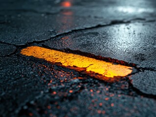 cracked, wet pavement with a bright orange marking glistening, creating a striking contrast against the dark surface.