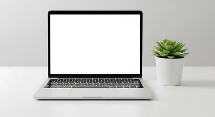 Fototapeta premium Open Modern Silver Laptop with Blank White Screen and Green Succulent Plant on Clean White Desk