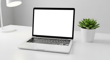 Fototapeta premium Open Laptop with Blank White Screen on Clean Desk with Plant and Lamp Minimalist Home Office Concept