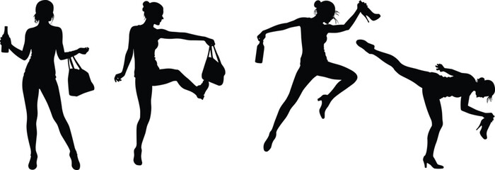 Silhouettes of women dancing with bottles and handbags, joyful poses, energetic movements, fashion celebration, night party fun illustration
