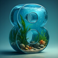 Elegant Glass Number Eight Aquarium Illustration with Aquatic Plants and Stones