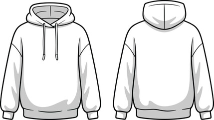 Cad drawing flat vector illustration of classic hoodie front back view fashion sketch for clothing design, garment template, apparel