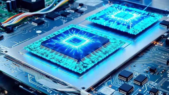 Closeup of glowing circuit boards
