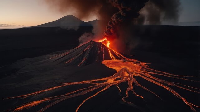 Erupting Volcano with Lava Flowing Downside and Plume of Smoke Against Dark Landscape