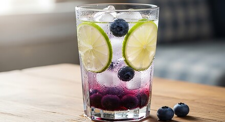 Refreshing blueberry and lime spritzer cocktail with ice on a wooden table.