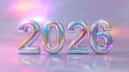 3D Iridescent 2026 Balloon Numbers with Pearlescent Finish on Glossy Lavender Gradient Background