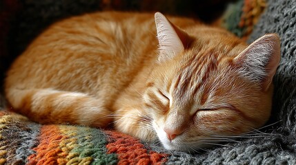 A ginger tabby cat is curled up asleep on a colorful knitted blanket, its eyes closed and its paws tucked in, looking peaceful and content