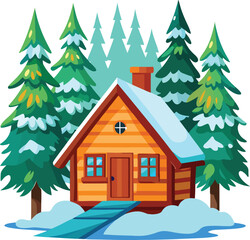  Cabin in the Woods with Snow White Background Vector, Winter Cabin Illustration, Snowy Forest House Graphic
