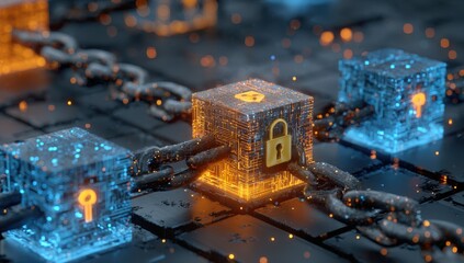 Blockchain technology featuring interconnected glowing blue and orange digital blocks linked by a thick