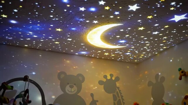 Nursery with star projector casting moon and stars on ceiling, soft night light and playful bear and giraffe silhouettes creating a cozy bedtime atmosphere.