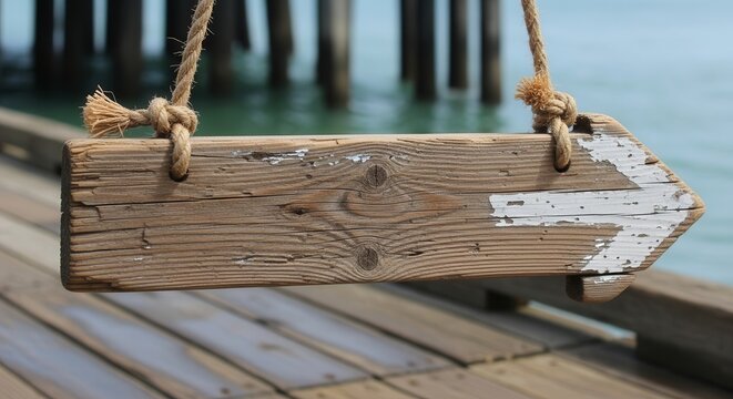 Rustic Directional Sign Hanging Above Pier, Pointing Towards Coastal Waters, Nautical Setting