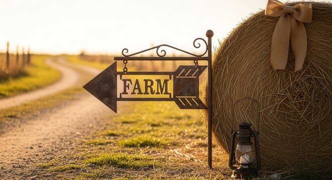 Rustic Farm Sign Directing Toward A Winding Road During Golden Hour Sunset - Powered by Adobe