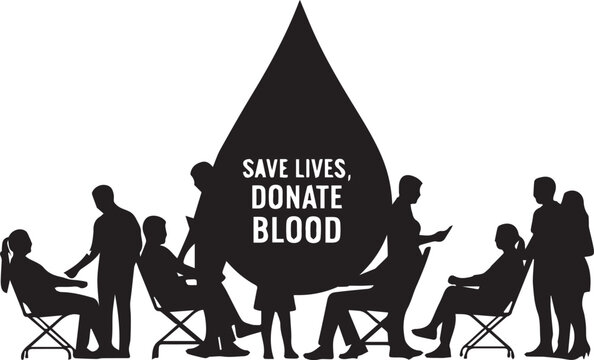 Blood donation silhouette scene people sitting under giant blood drop saving lives
