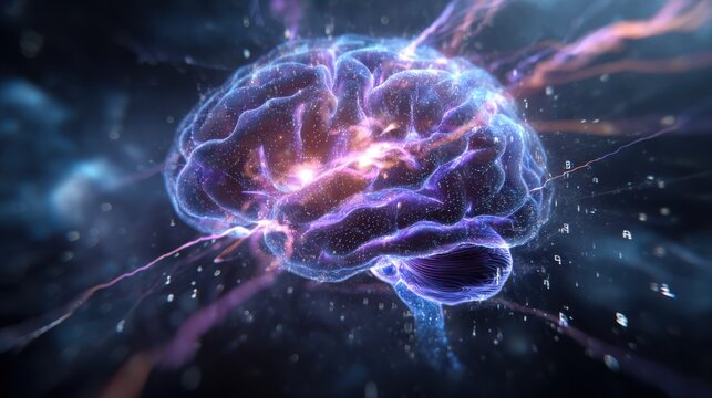 A glowing holographic brain outlined in radiant violet and cobalt blue neural threads