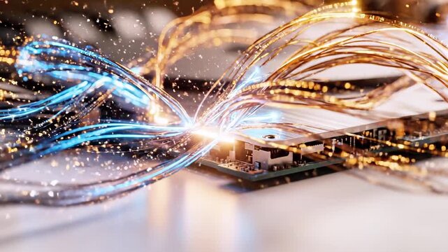 Golden, illuminated strands intertwine above a circuit board, hinting at digital connectivity