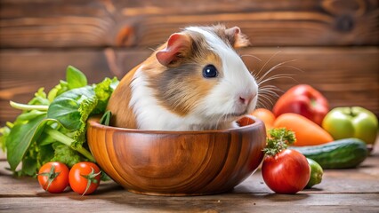 A guinea pig sits contentedly in a wooden bowl, surrounded by fresh vegetables against a rustic wooden