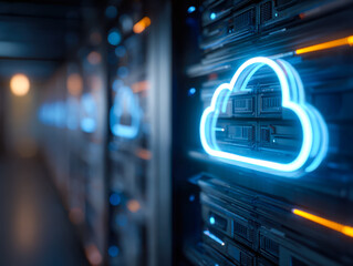 Neon cloud icon illuminating a data server room, symbolizing cloud computing technology