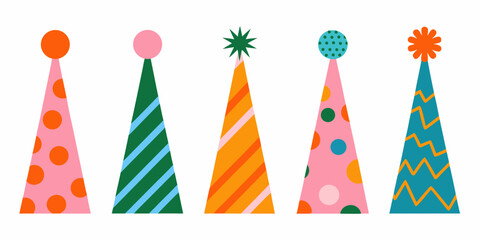 Colorful party hats with various designs on a white background